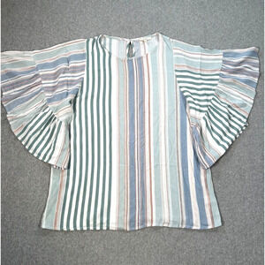 Entro Striped Bell Sleeve Blouse Women's Medium Top Green